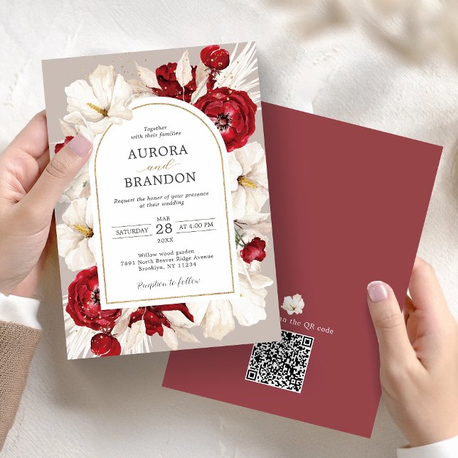 Ruby rot-weiße Blüteneinladung mit QR-Code Save The Date (Von Creator hochgeladen)