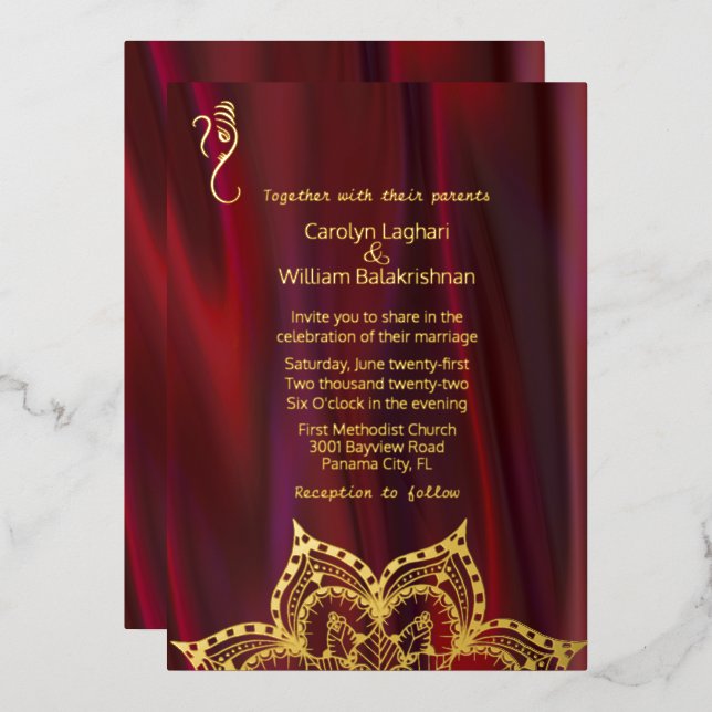 Ruby Silk Look mit Mandala und Ganesha Wedding Folieneinladung (Vorderseite/Rückseite)