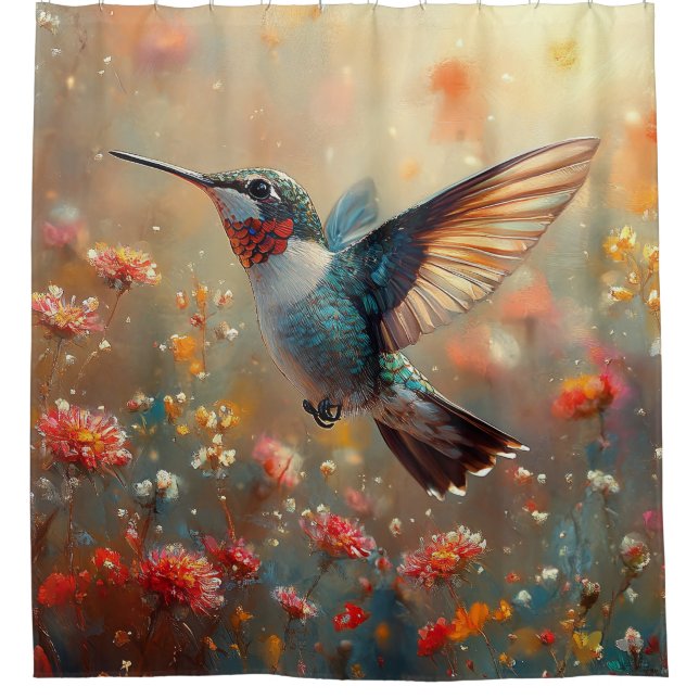 Ruby-Throated Hummingbird Floral Duschvorhang (Vorderseite)