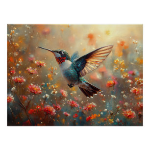 Ruby-Throated Hummingbird Floral Poster