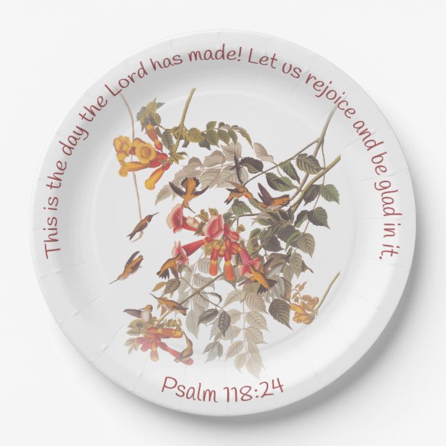 Ruby Throated Hummingbird mit Psalm 118:24 Pappteller (Vorderseite)