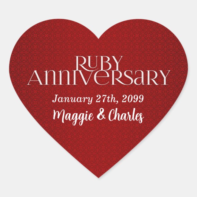 Ruby Wedding Annivsersary Names Herz-Aufkleber (Vorderseite)