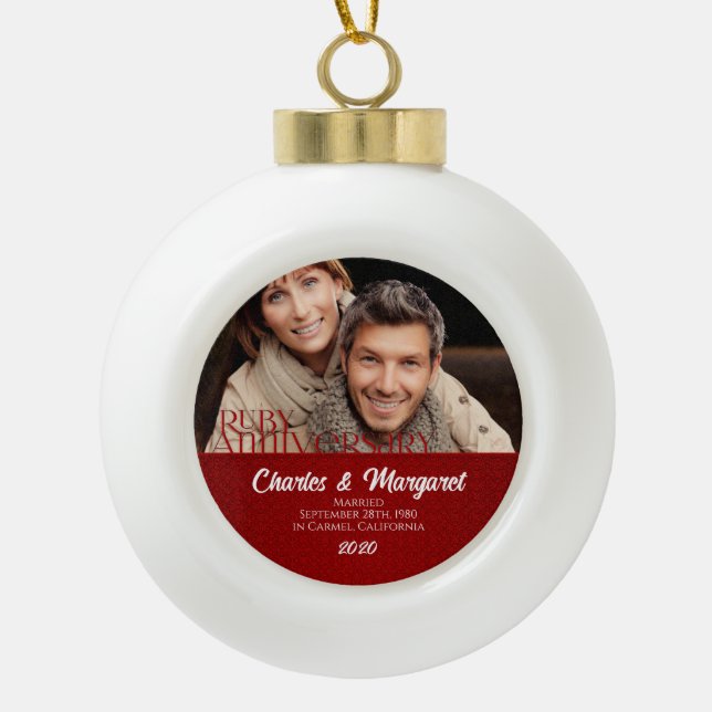 Ruby Wedding Annivsersary Red Damask Foto Keramik Kugel-Ornament (Vorderseite)