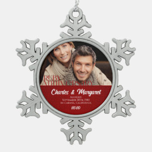 Ruby Wedding Annivsersary Red Damask Foto Schneeflocken Zinn-Ornament