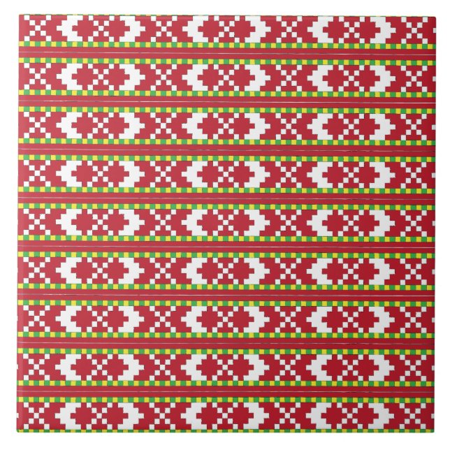 Rucava Geometrisches rotes und weißes Folkloredesi Fliese (Vorderseite)