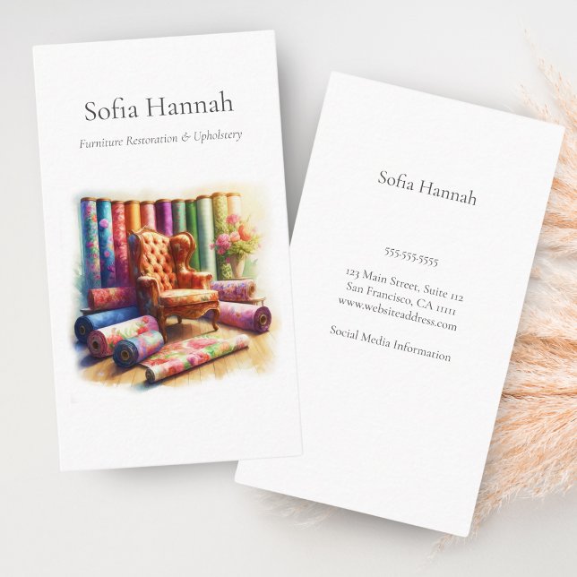 Rückenlehne und Möbel, Möbelrestaurierung Visitenkarte (Charming wingback chair illustration for upholstery and restoration businesses.)