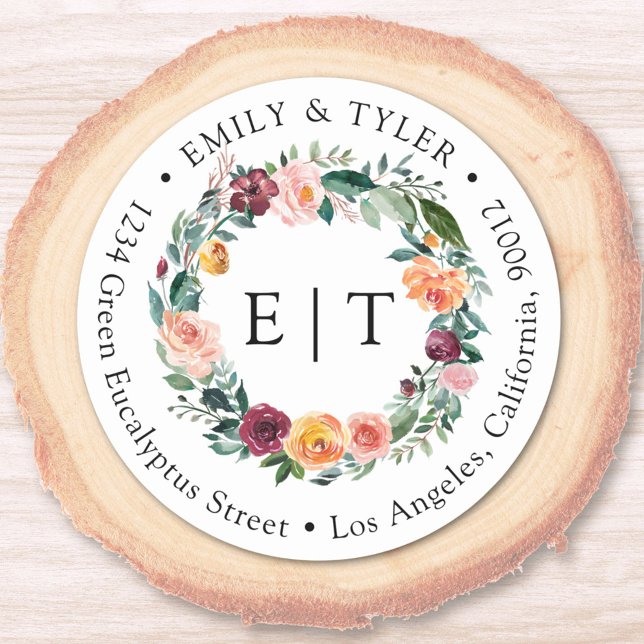 Rückgabeadresse für Monogramm-Fall-Rose Runder Aufkleber (In situ)