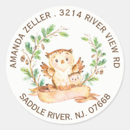 Rückgabeadresse für Woodland Owl Babydusche Runder Aufkleber