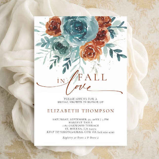 Rückgang der Liebe Aquamarin Terracotta Boho Braut Einladung (fall in love bridal shower invitation teal burnt orange terracotta watercolor floral botanical class)