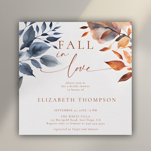 Rückgang der Liebe Botanical Duo Blätter Brautpart Einladung (fall in love bridal shower invitation modern calligraphy botanical leaves orange blue elegant rustic)