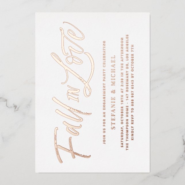 Rückgang der Liebe Buchstaben Rose Gold Engagement Folieneinladung (Vorderseite)