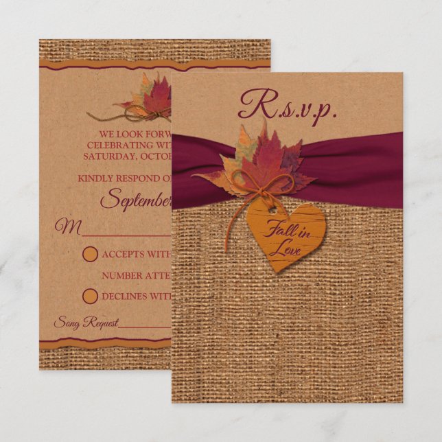 Rückgang der Liebe Burlap, Blätter Hochzeit RSVP (Vorne/Hinten)