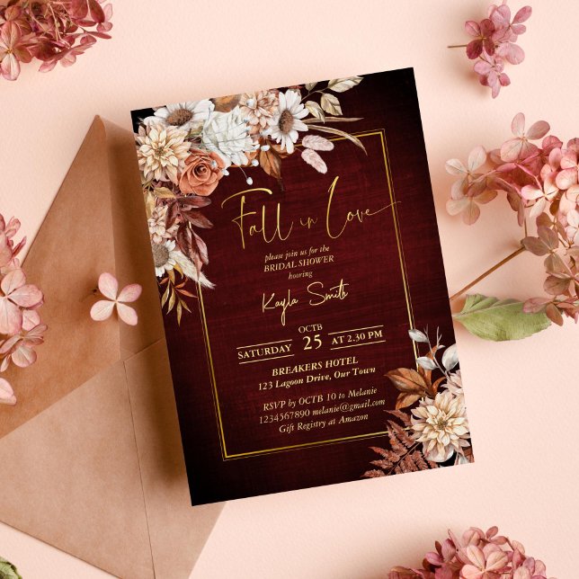 Rückgang der Liebe getrocknete braune Rose Brautpa Einladung (Fall in love terracotta brown dried roses fall themed bridal shower template invitation  download)