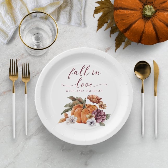 Rückgang der Liebe-Kinderdusche Pappteller (Fall In Love With Baby Paper Plate Decor Baby Shower Fall Autumn Watercolor Pumpkin Floral)