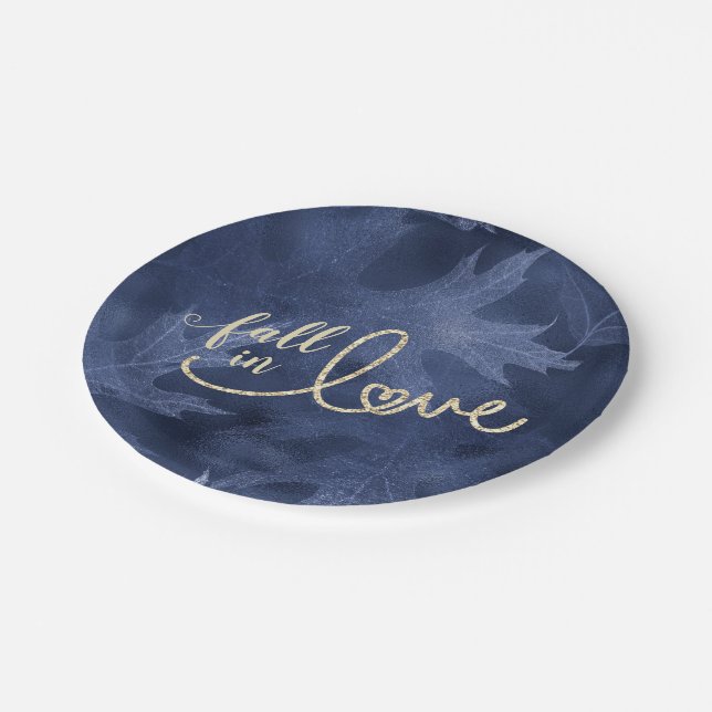 Rückgang der Liebe mit Herbst | Navy Blue und Gold Pappteller (Schrägansicht)