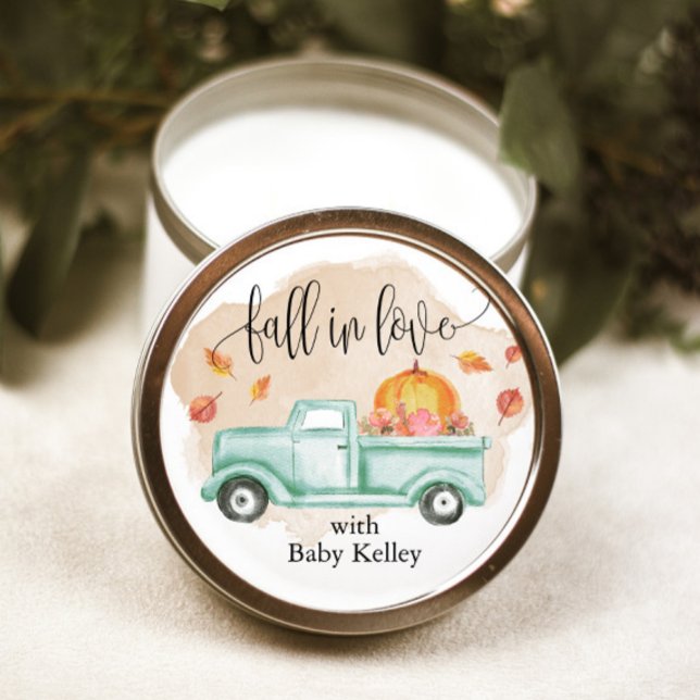 Rückgang der Liebe Pumpkin Farm Truck Baby Dusche Runder Aufkleber (Use these stickers to create your own party favors.)