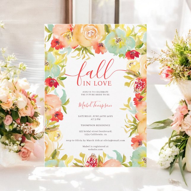 Rückgang der Liebe rotes Blumenwasser Brautparty Einladung (Fall in love red floral watercolor bridal shower invitation)