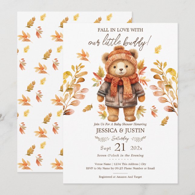 Rückgang der Liebe Teddy Bären Blätter Kinderdusch Einladung (Vorne/Hinten)
