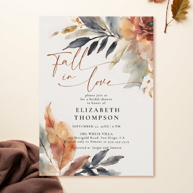 Rückgang der Liebe Terracotta Blätter Duo Brautpar Einladung (fall bridal shower invitations botanical foliage terracotta burnt orange leaves watercolor)