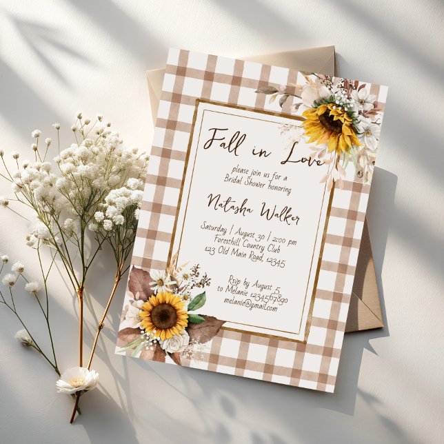 Rückgang der Sonnenblumen in der Liebe Brautparty Einladung (Fall in love sunflowers terracotta gingham country bridal shower invitation cards template)