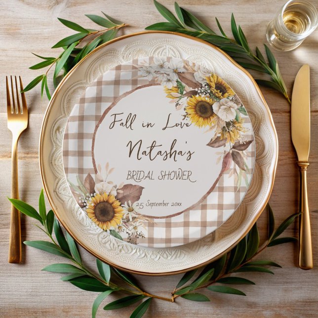 Rückgang der Sonnenblumen in der Liebe Brautparty Pappteller (Fall in love sunflowers country bridal shower monogrammed paper plates personalized table decor)