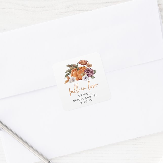 Rückgang des Brautparty der Liebe Quadratischer Aufkleber (Fall In Love Bridal Shower Pumpkin and Watercolor Florals Envelope Seal Sticker by Painted Paperie)