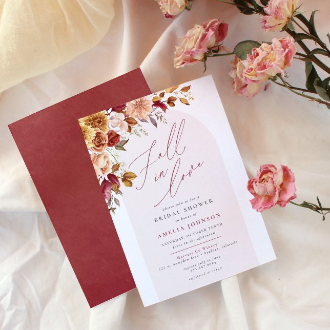 Rückgang in der Liebe Elegantes Brautparty Einladung (Fall in Love floral bridal shower invitation, watercolor flower corner border, script, modern)