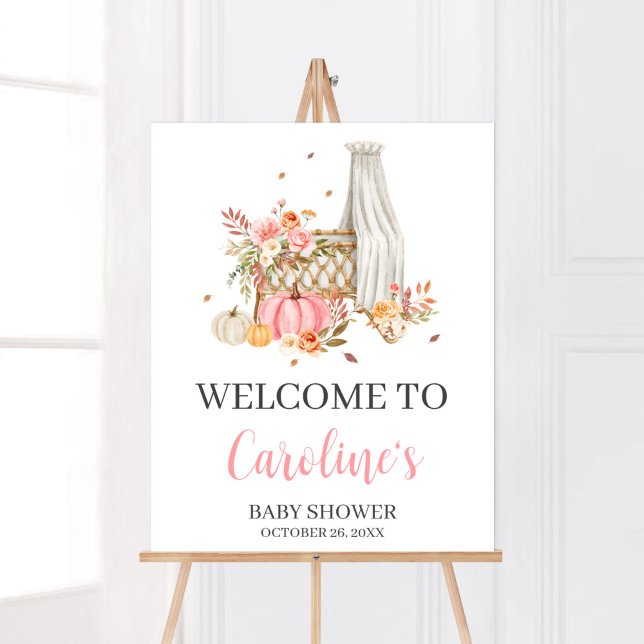 Rückgang in der Liebe Pink Pumpkin Begrüßungsdusch Poster (Fall Autumn Pumpkin Baby Shower Welcome Sign)