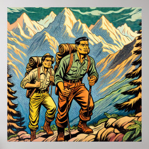 Rückpacken Männer Wanderweg durch Berge Poster