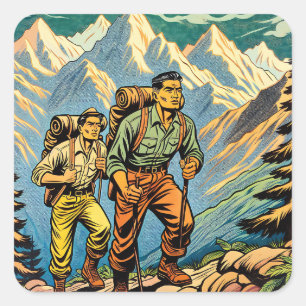Rückpacken Männer Wanderweg durch Berge Quadratischer Aufkleber