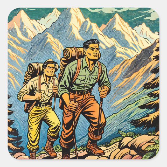 Rückpacken Männer Wanderweg durch Berge Quadratischer Aufkleber (Vorderseite)