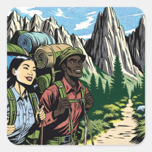 Rückpackung Doppelwanderweg durch Berge Quadratischer Aufkleber