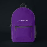 Rucksack für lila Individuelle Name<br><div class="desc">Dieses coole Rucksack passt sich einfach an und fügt Ihren Namen oder Ihren eigenen Text hinzu. Ein cooles und modernes Design in lila und weiß mit einem klaren serifenlosen Schriftart, für ein modernes, berufliches und edgy Aussehen, perfekt als Geschenk für Unis, Schüler, Gymnasiasten, Kinder. Der Rucksack kann in jeder Farbe...</div>