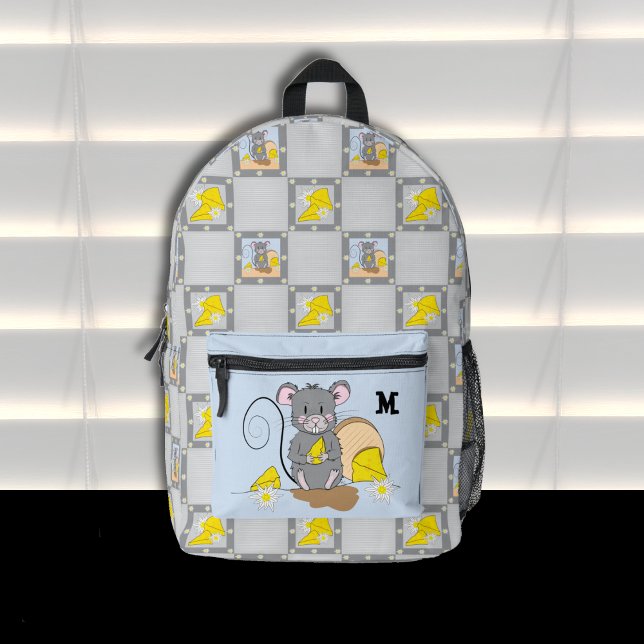 Rucksack mit Monogramm 'Maus isst Käse'  (Cartoon mouse eating cheese backpack with name initial .)