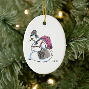 Rucksack-Schneemann oval Keramik-Ornament Keramik Ornament
