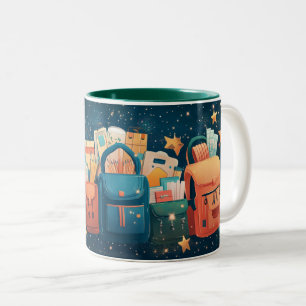Rucksäcke und Schulmaterial für den Schulbeginn. Zweifarbige Tasse
