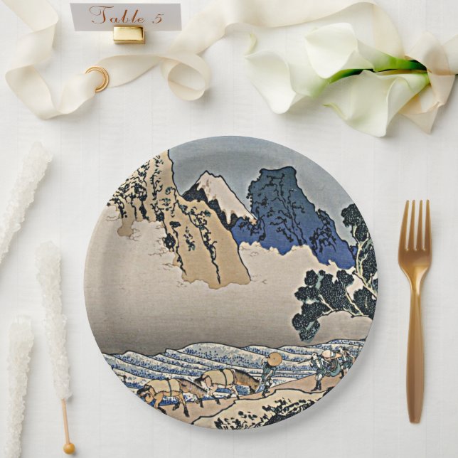 Rückseite des Fuji-Berges vom Minobu-Fluss Hokusai Pappteller (Hochzeit)