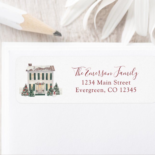 Rücksendeadresse (Watercolor Christmas Colonial House Personalized Return Address Label by Painted Paperie
)