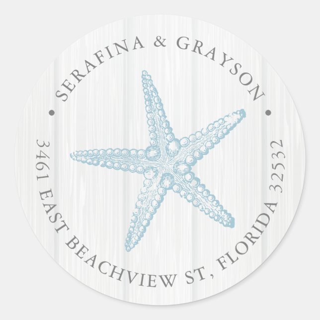 Rücksendeadresse Blue Starfish Rustic Beach Hochze Runder Aufkleber (Vorderseite)