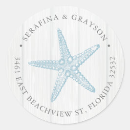 Rücksendeadresse Blue Starfish Rustic Beach Hochze Runder Aufkleber