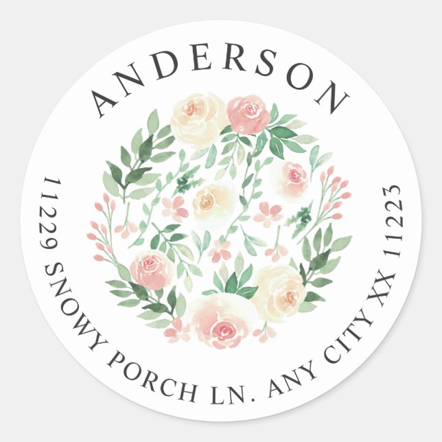 Rücksendeadresse Blush Blumengrün Runder Aufkleber (Vorderseite)