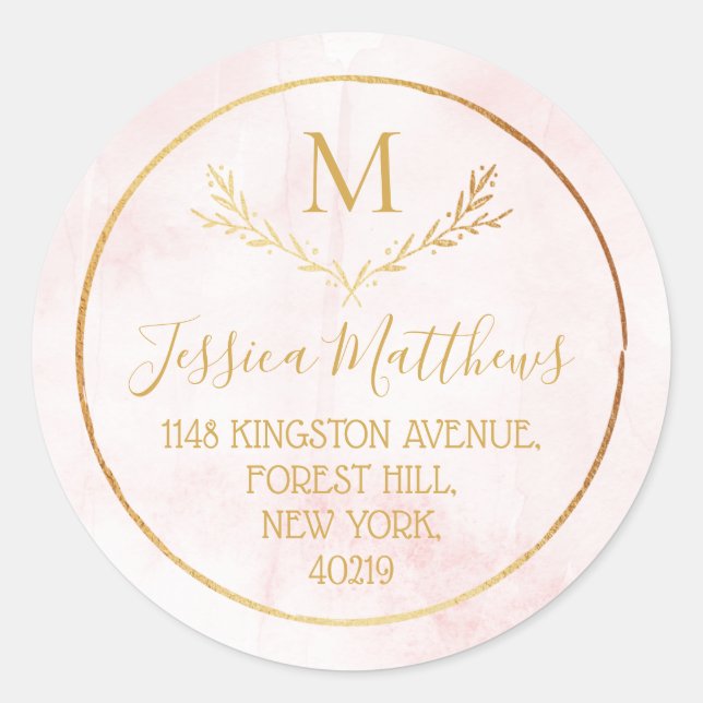 Rücksendeadresse Blush Pink & Gold Wreath Monogram Runder Aufkleber (Vorderseite)