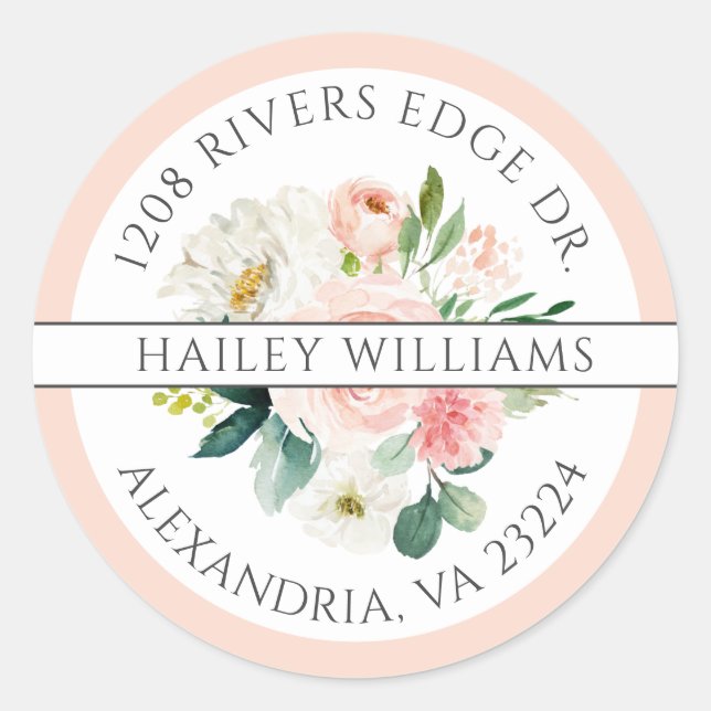 Rücksendeadresse Blush Pink und White Bouquet Runder Aufkleber (Vorderseite)