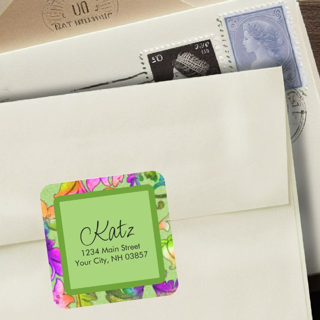 Rücksendeadresse Colorful Damask Green Quadratischer Aufkleber (Von Creator hochgeladen)