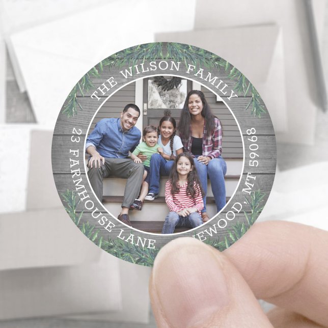 Rücksendeadresse & Foto Weihnachtsgrün & Holz Runder Aufkleber (Von Creator hochgeladen)