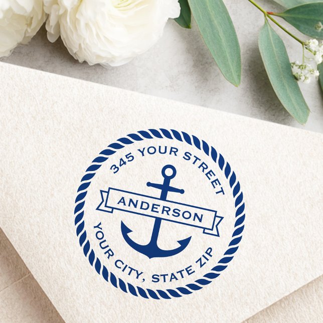 Rücksendeadresse für die Ankerbannermarkierung Gummistempel (Anchor banner rope border surname return address rubber stamp)