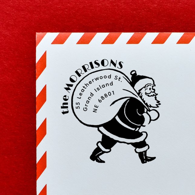 Rücksendeadresse für einen Vintagen Weihnachtsfeie Permastempel (Jolly Santa With a Sack of Presents Vintage Family Return Address Christmas Stamp)