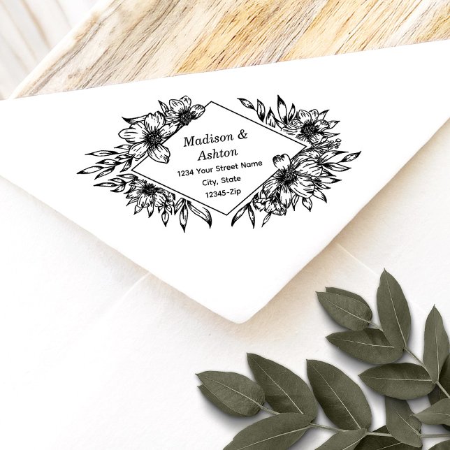 Rücksendeadresse für rustikale Blumenbezeichnungen Permastempel (Effortlessly personalize your wedding mail with our elegant self-inking stamp.)
