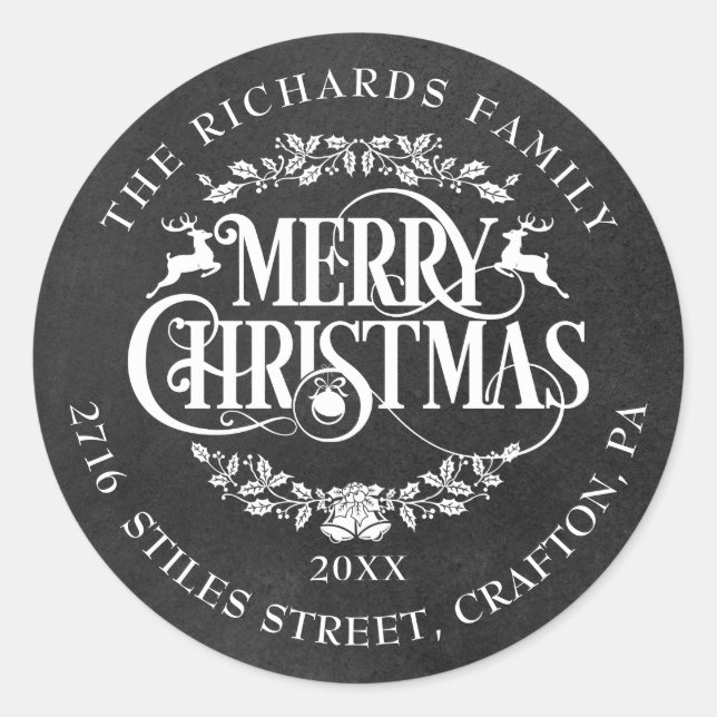 Rücksendeadresse Merry Christmas Boho Chalkboard Runder Aufkleber (Vorderseite)