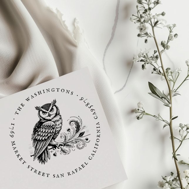 Rücksendeadresse mit Vintagen Eule-Familiennamen Gummistempel (Von Creator hochgeladen)